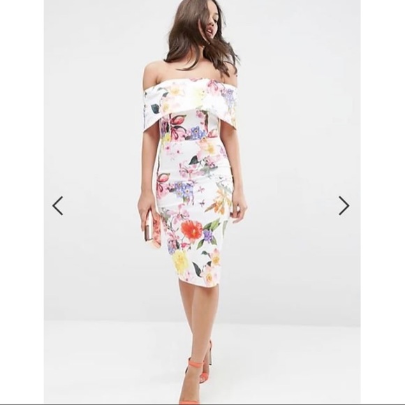 ASOS Deep Fold Bardot Off The Shoulder Midi Pencil In Bright Tropical Floral - Picture 4 of 5